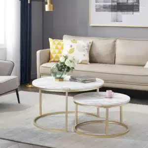 Table Basse Ronde en Marbre Blanc Doré