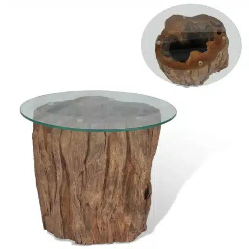 Table Basse Ronde en Bois de Teck et Verre Trempé