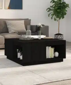 Table Basse Carrée en Bois Massif Noir avec Rangement