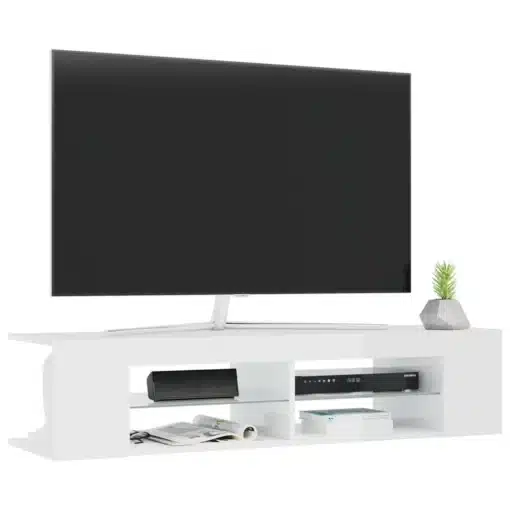 Meuble TV Blanc Laqué Lumineux LED avec Rangements 135 cm