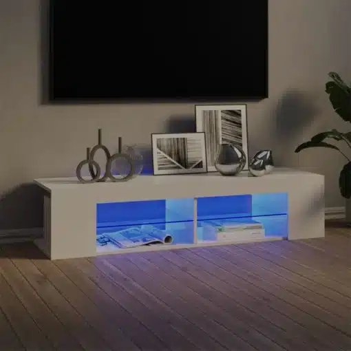 Meuble TV Blanc Laqué Lumineux LED avec Rangements 135 cm