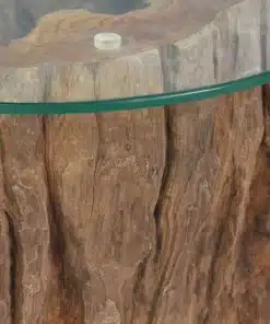 Table Basse Ronde en Bois de Teck et Verre Trempé