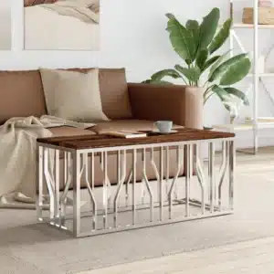 Table Basse Rectangulaire en Acier Inoxydable et Bois Massif