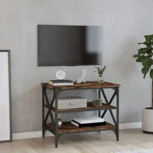 Meuble TV en Bois de Chêne Fumé avec Rangements