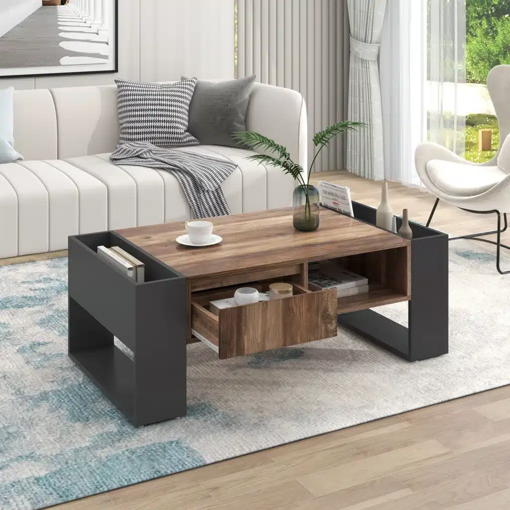 Table Basse en Bois Massif Noir avec Compartiment de Rangement