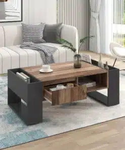 Table Basse en Bois Massif Noir avec Compartiment de Rangement