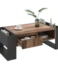 Table Basse en Bois Massif Noir avec Compartiment de Rangement