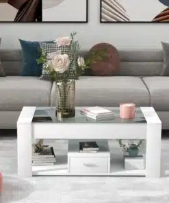 Table Basse de Salon Blanche avec Plateau en Verre