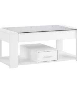 Table Basse de Salon Blanche avec Plateau en Verre