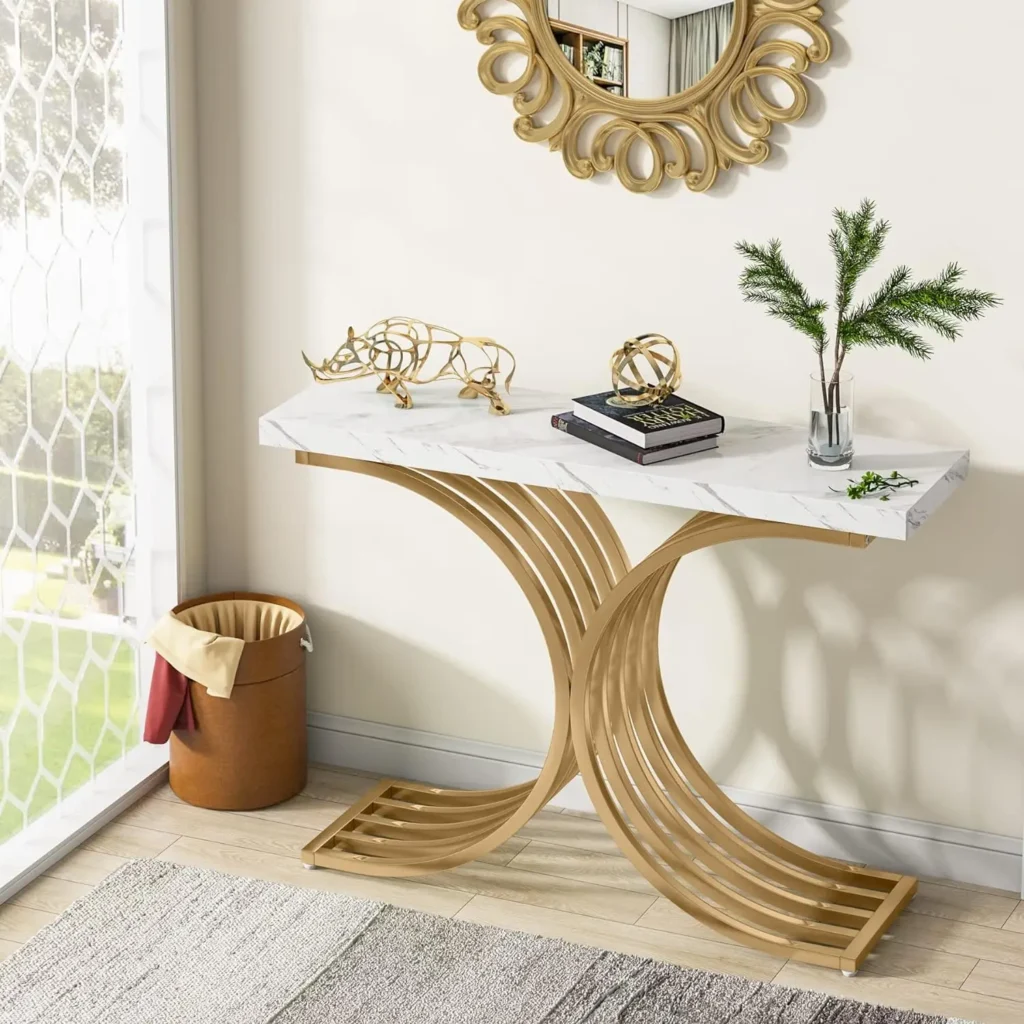 Table Console d'Entrée avec Plateau en Marbre Blanc et Base Métallique