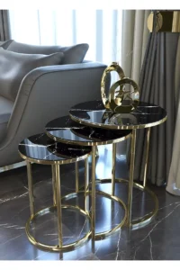 Table Gigogne en Métal Doré et Verre Trempé Effet Marbre