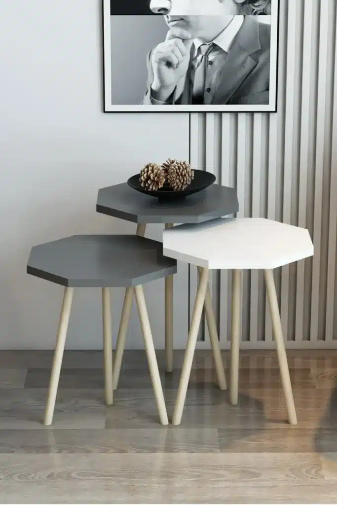 Ensemble de 3 Tables Basses Octogonales Nordique en Bois